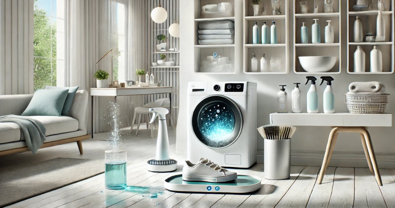 Modern laundry room with eco-friendly washing machine, cleaning tools, and detergent bottles – minimalist interior with sunlight and fresh design