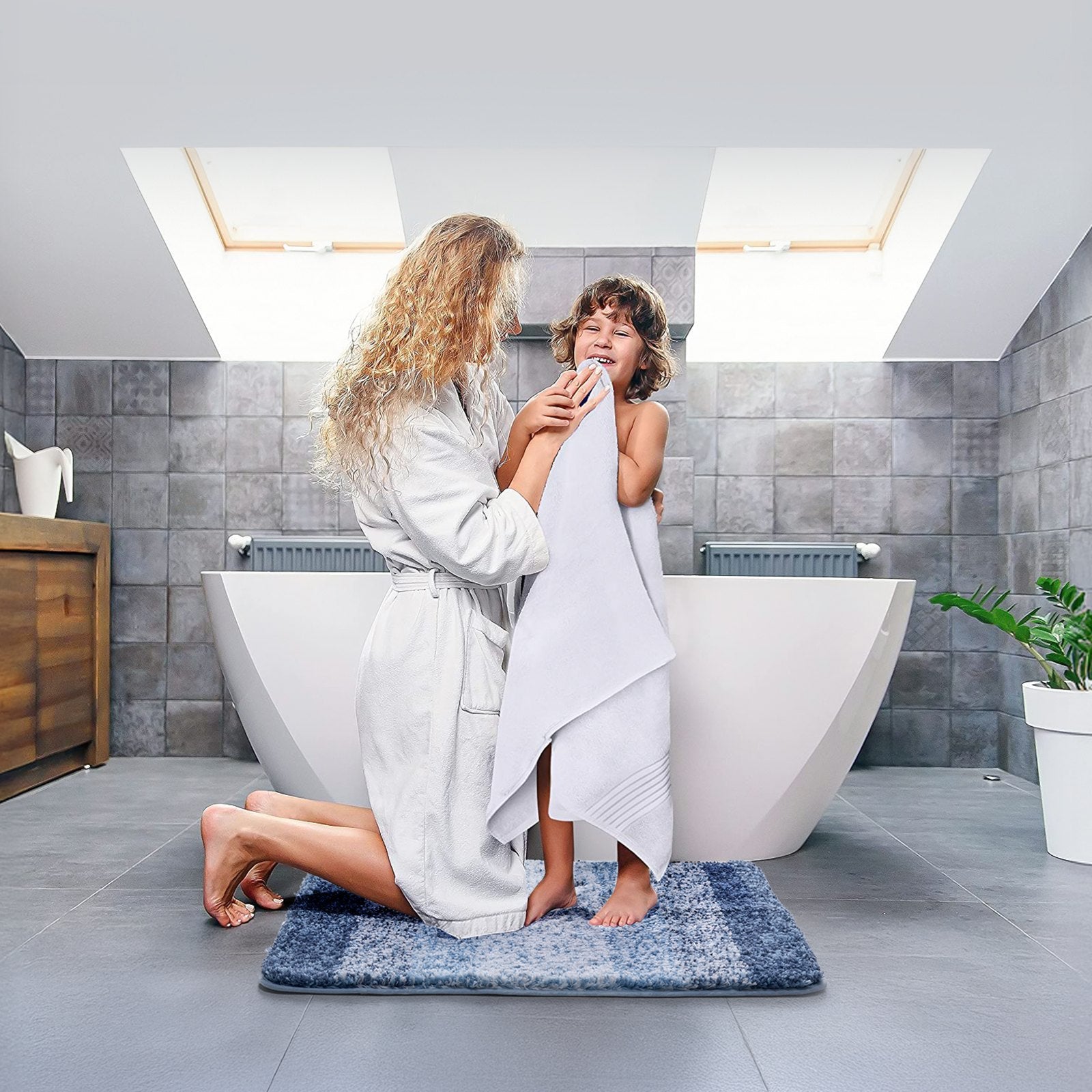 Machine-washable bathroom mat placed near shower